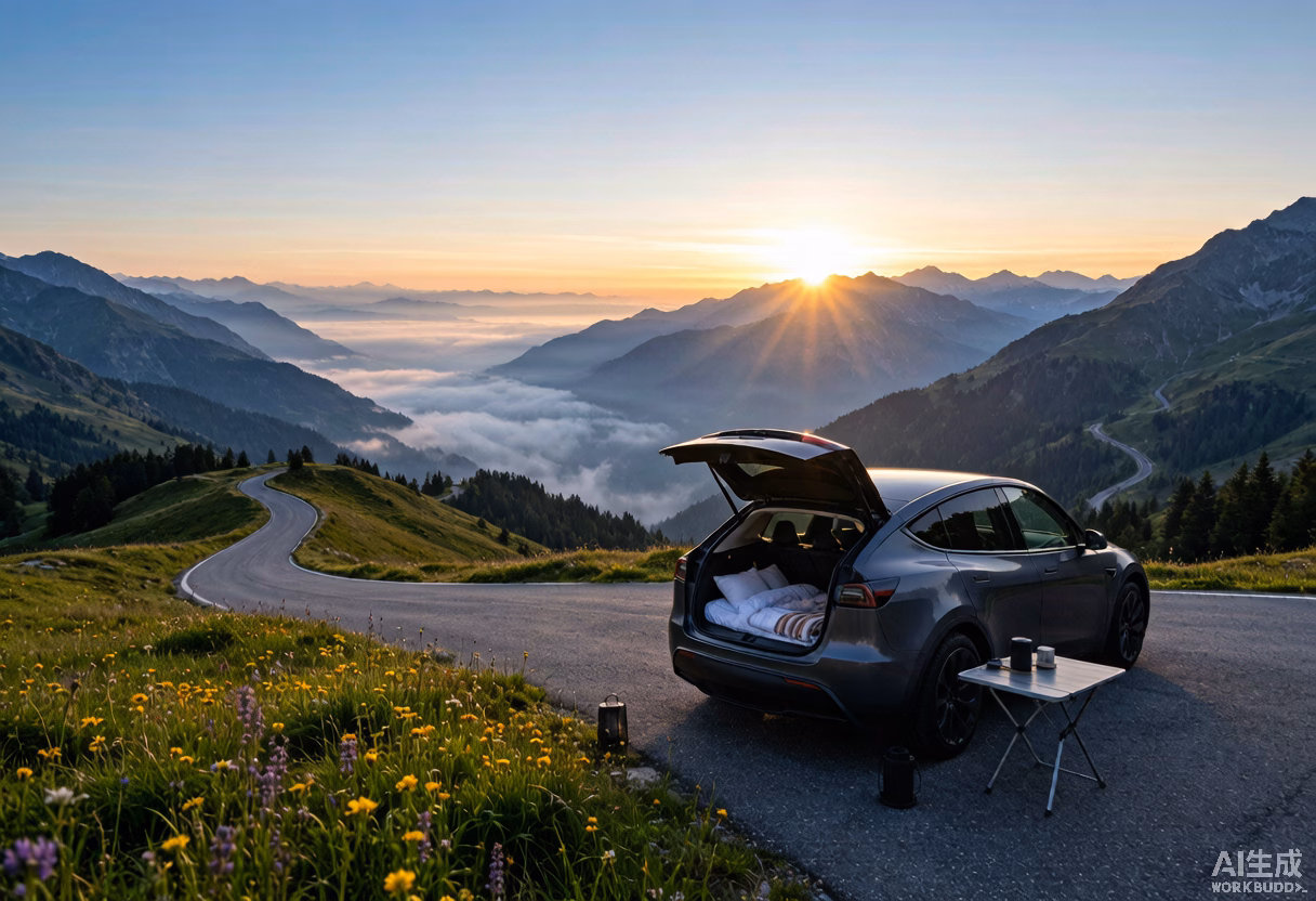 Tesla Model Y set up for car camping on a mountain pass in the French Alps at sunrise
