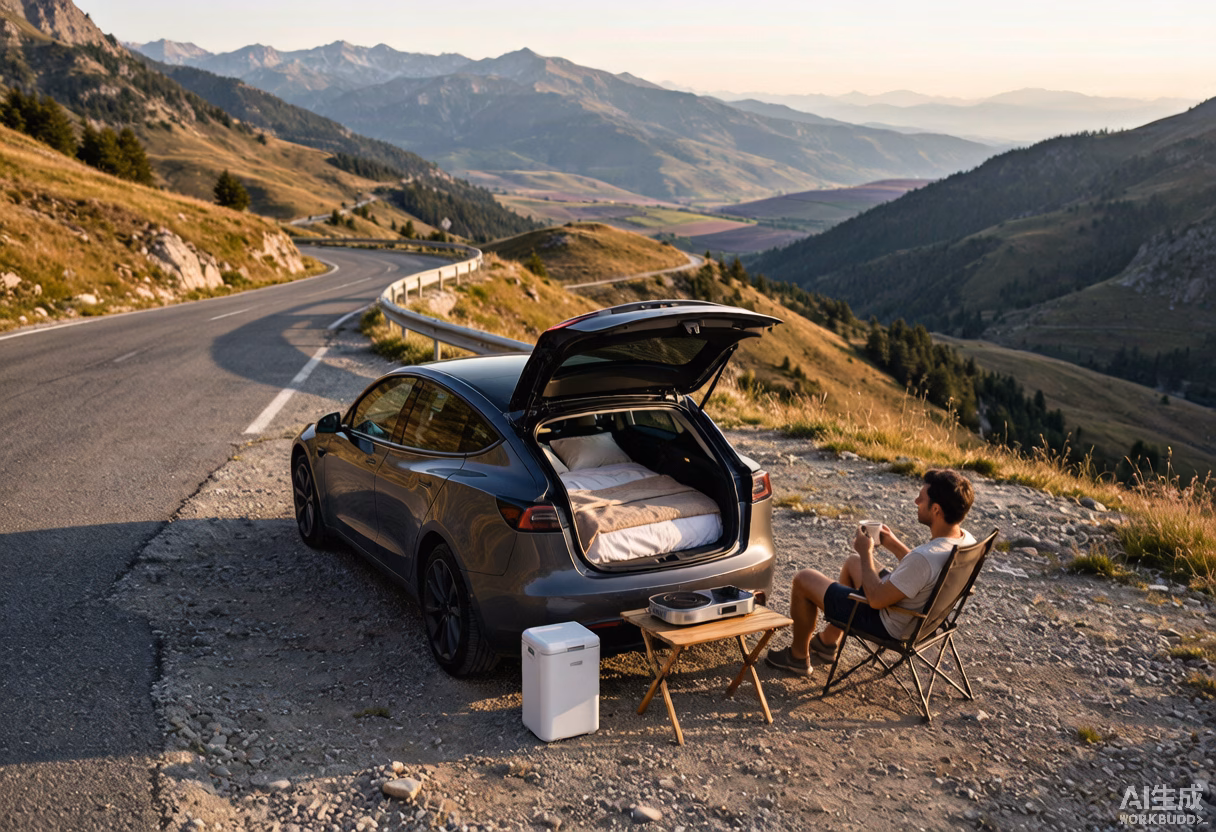 Tesla Model 3 alpine rest area camping setup with fridge cooktop mattress peaceful European summer road trip