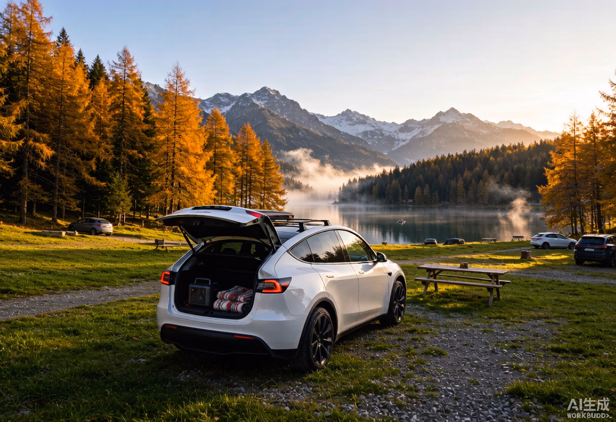 Tesla Model Y camping at a quiet autumn alpine lake campsite in Europe
