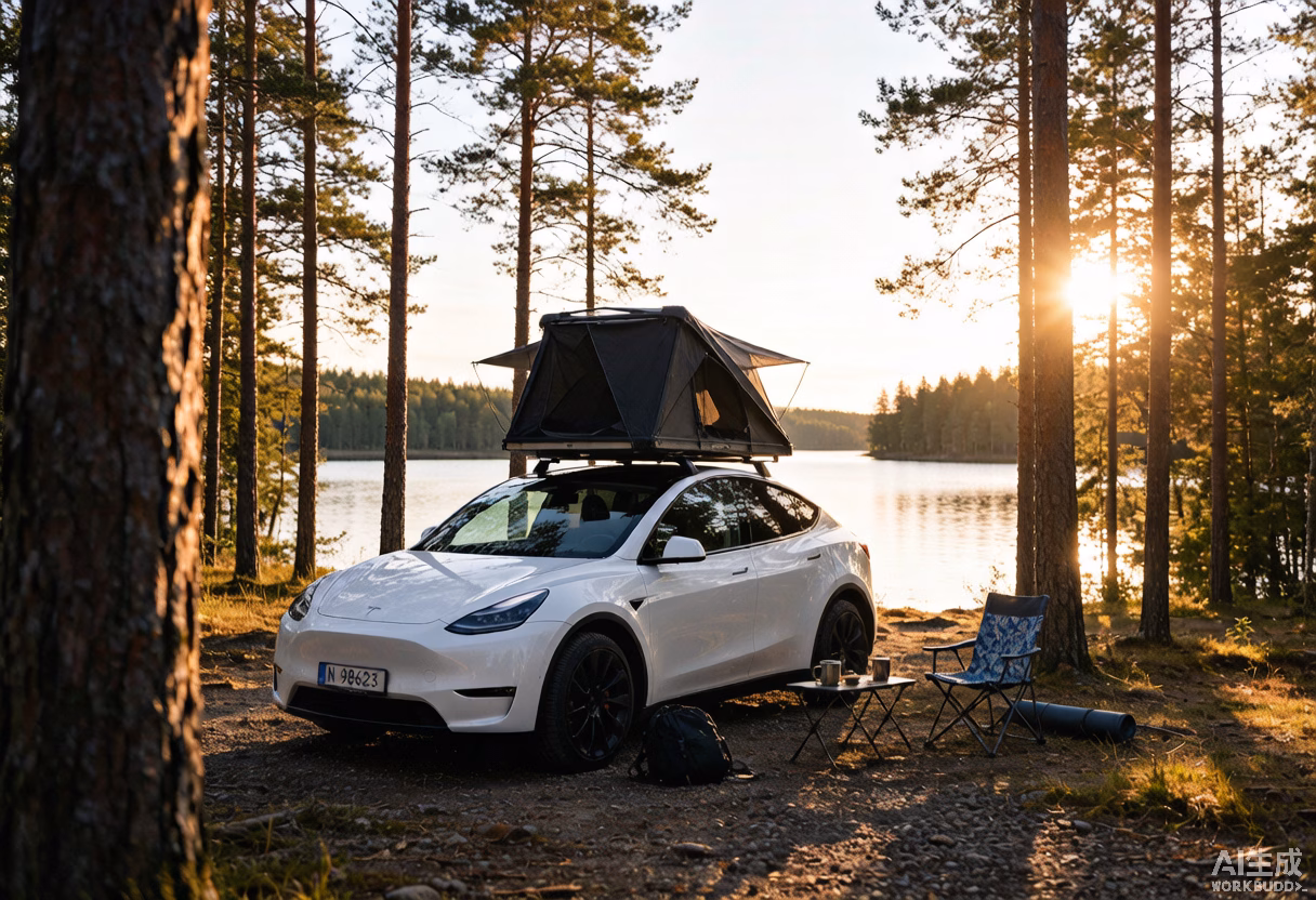White Tesla Model Y with a rooftop tent at a peaceful Baltic lakeside forest campsite during golden hour, perfect for a Tallinn-Riga-Vilnius road trip