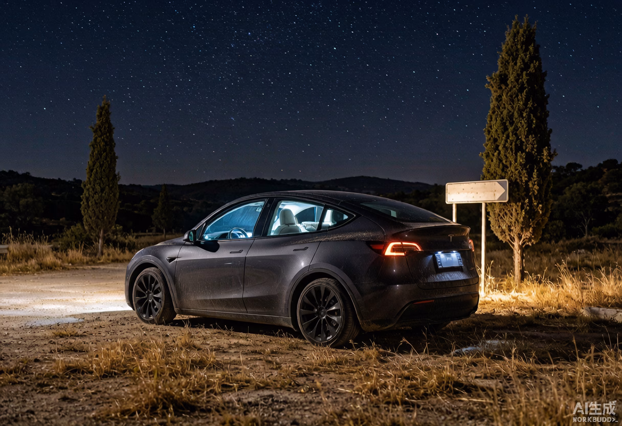 Tesla Model Y at night in southern Europe with Camp Mode on during heatwave