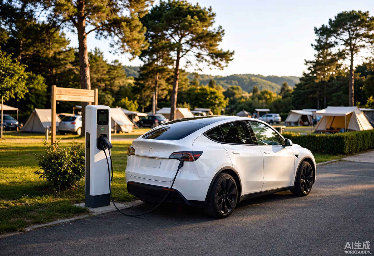 White Tesla Model Y plugged into a Type 2 AC charging post at a European campsite entrance