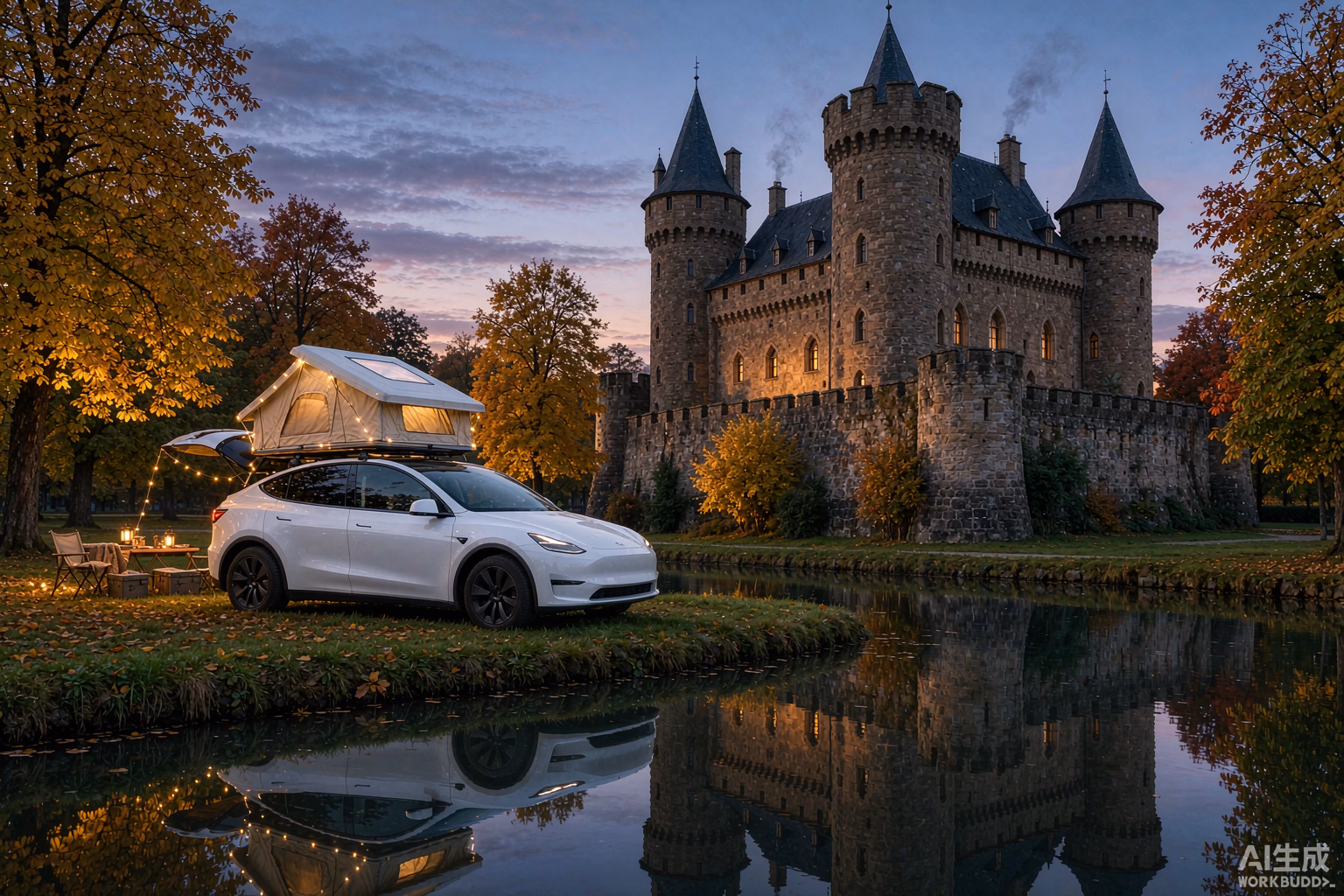 White Tesla Model Y camped beside a fairytale European stone castle at dusk during European Heritage Days, used as a cosy base camp with a rooftop tent and warm lights