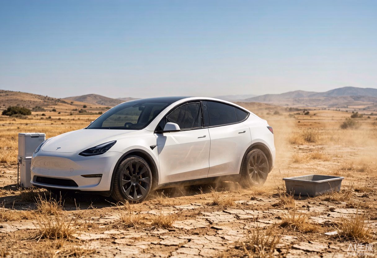 White Tesla Model Y at a sun-baked Southern European campsite during a record summer heatwave with a portable fridge
