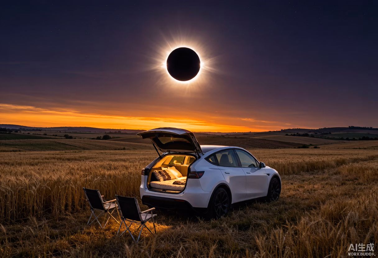 Tesla Model Y camping on Spanish plain during total solar eclipse August 12 2026 with corona visible