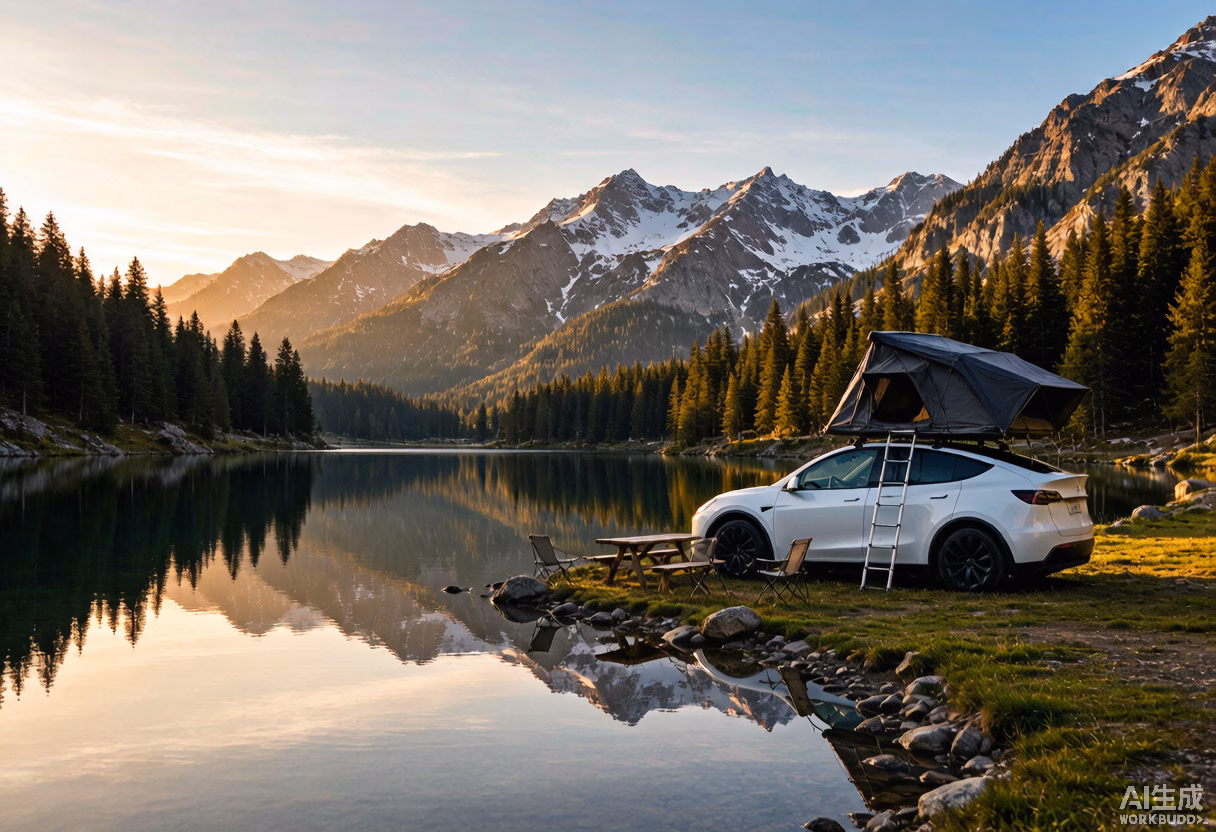 White Tesla Model Y with a rooftop tent at a serene alpine lakeside campsite at golden hour, symbolizing Tesla's growing footprint across Europe