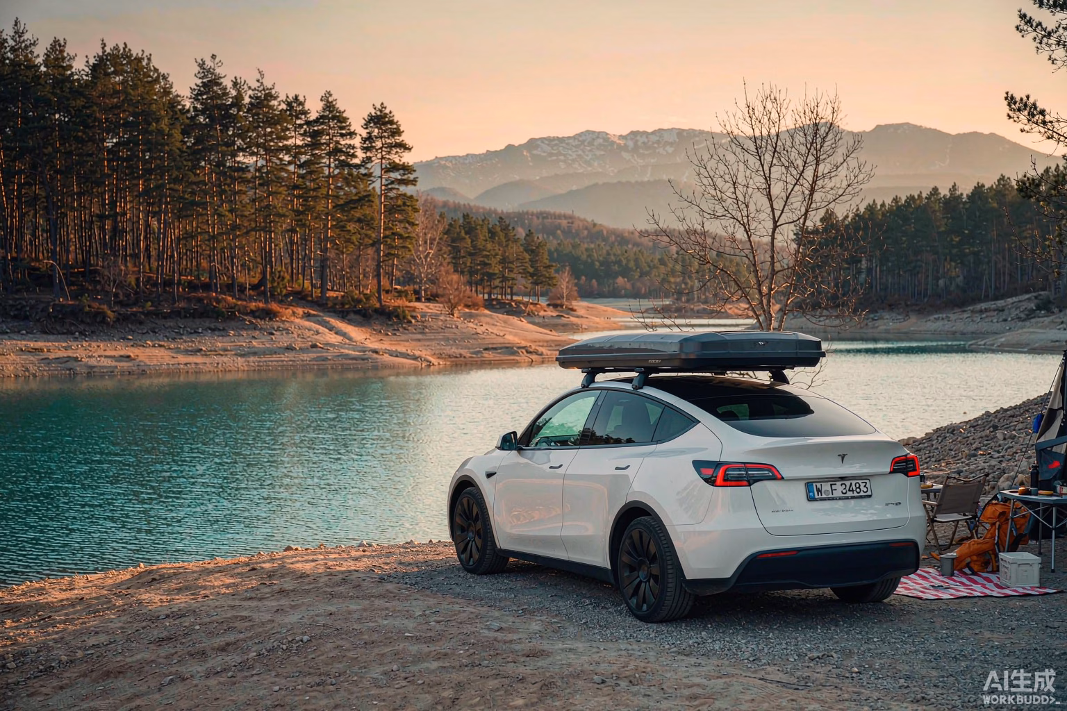 White Tesla Model Y at a scenic European Alpine lakeside campsite with a rooftop tent at golden hour sunset, representing Europe's best-selling electric vehicle as the ultimate camping car