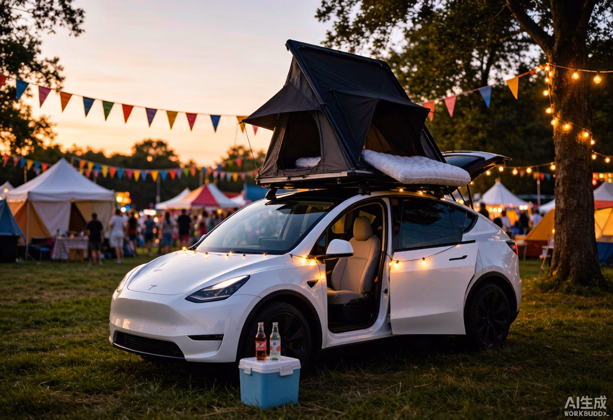 White Tesla Model Y parked at the edge of a summer music festival campsite at dusk, used as a comfortable base camp with a rooftop tent and cold drinks