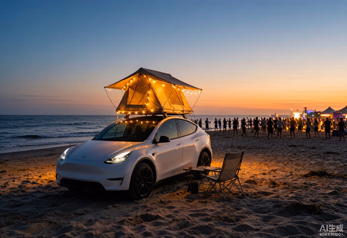 White Tesla Model Y parked at the edge of a summer beach music festival campsite at dusk, used as a comfortable base camp with a rooftop tent and warm string lights