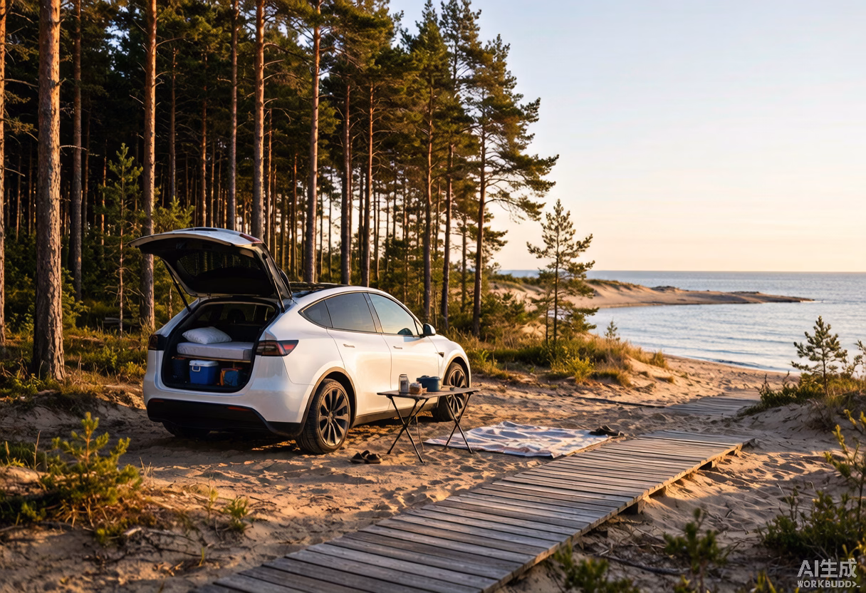 White Tesla Model Y parked at a quiet Northern European coastal campsite at golden hour with the rear hatch open