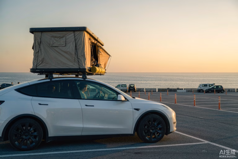 White Tesla Model Y with a rooftop tent at a scenic European highway rest area at golden hour, representing the relaxed autonomous FSD camping road trip