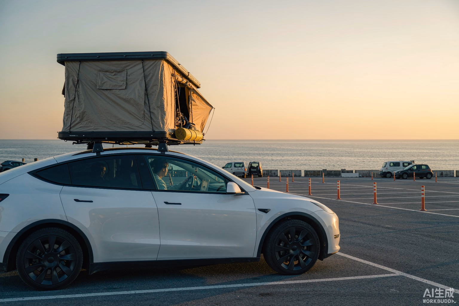 White Tesla Model Y with a rooftop tent at a scenic European highway rest area at golden hour, representing the relaxed autonomous FSD camping road trip