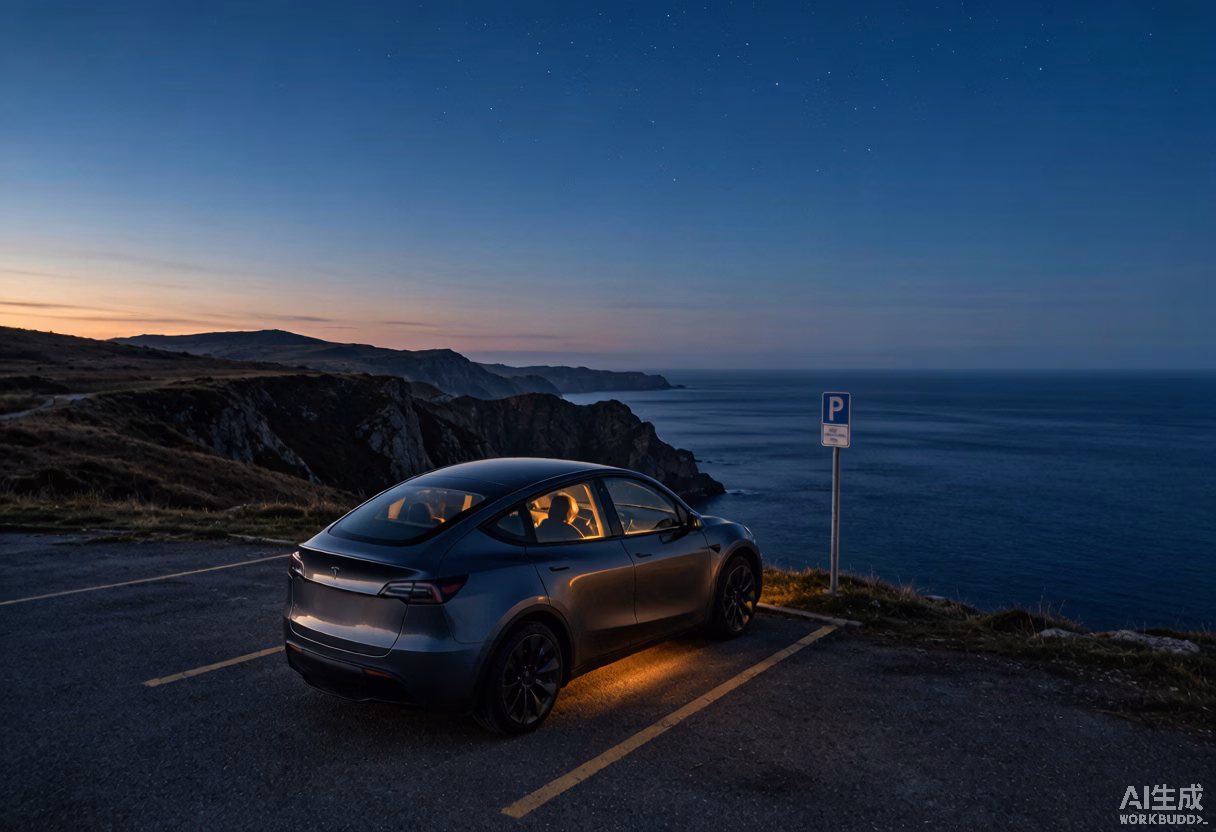 Tesla Model Y parked legally overnight in a marked bay on the Spanish Atlantic coast
