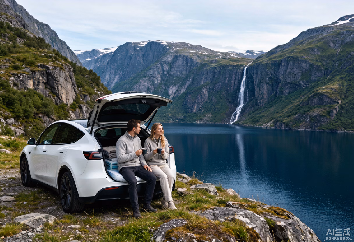 Tesla Model Y coolcation camping by Norwegian fjord with couple on tailgate