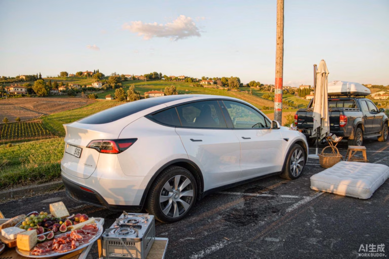 White Tesla Model Y at an Emilia-Romagna countryside campsite with rolling hills, vineyard, local food spread and camping cooktop, representing the smart motorhome alternative for Salone del Camper Parma