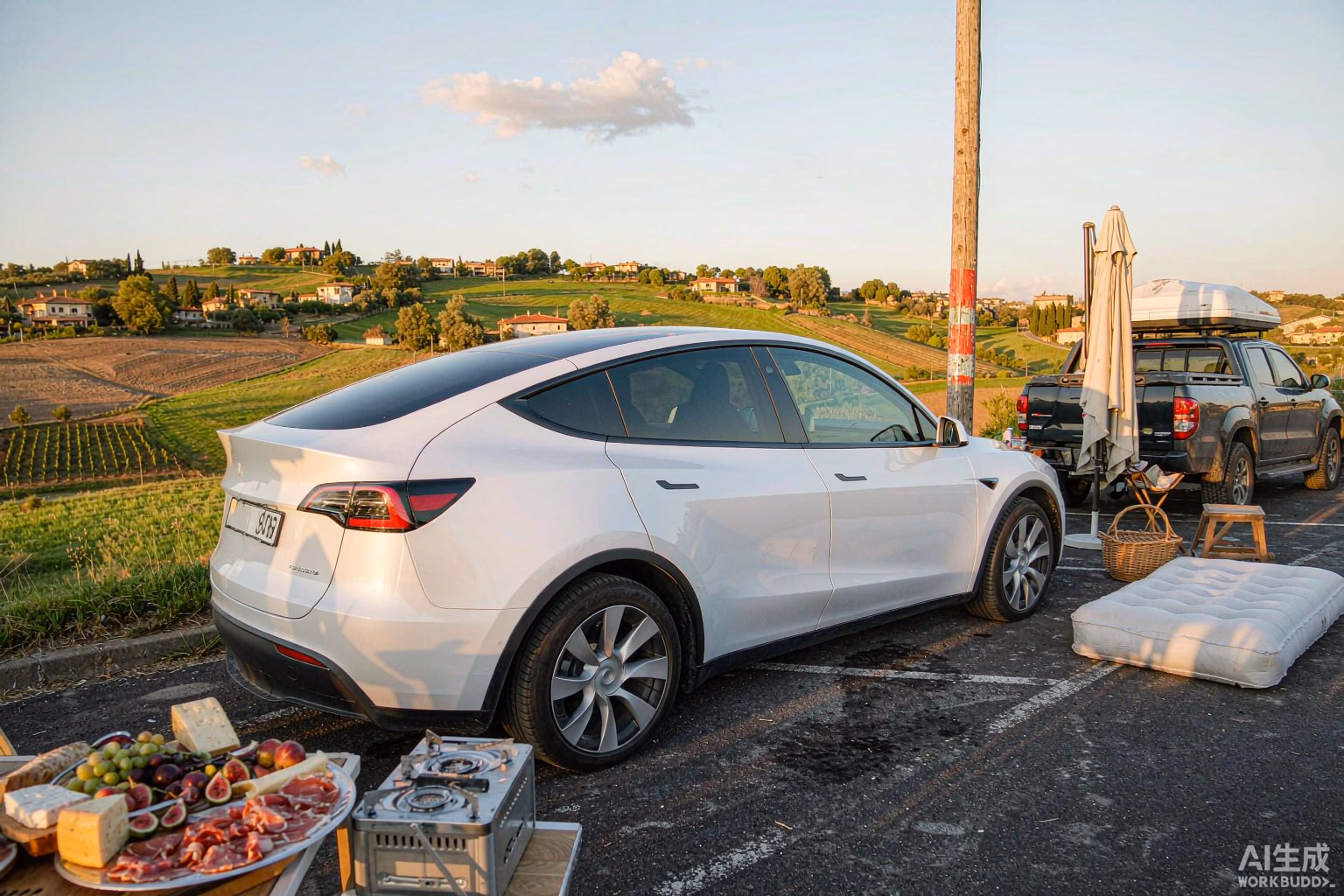 White Tesla Model Y at an Emilia-Romagna countryside campsite with rolling hills, vineyard, local food spread and camping cooktop, representing the smart motorhome alternative for Salone del Camper Parma