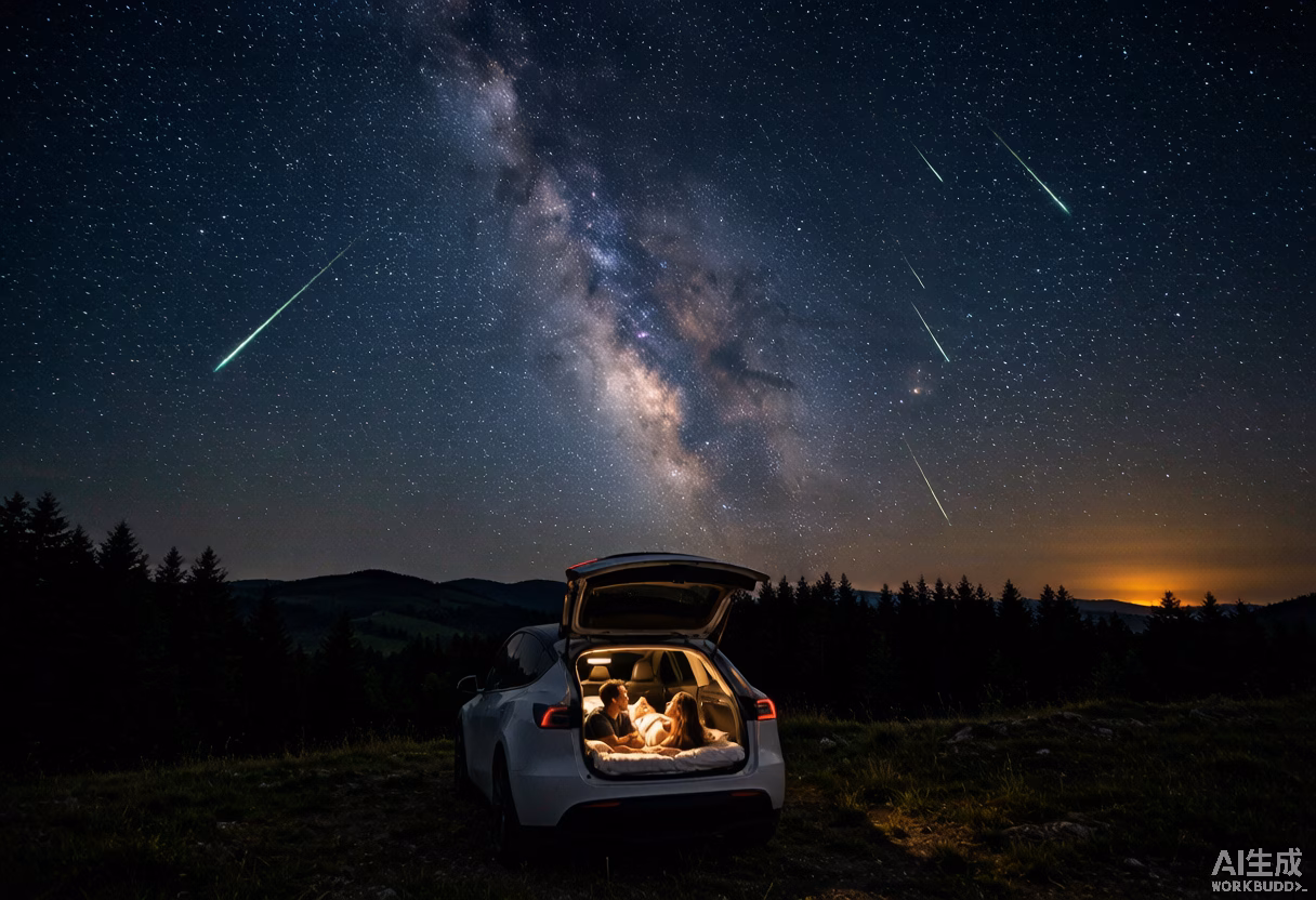 Tesla Model Y used as a mobile observatory for the Perseid meteor shower under the Milky Way in Europe