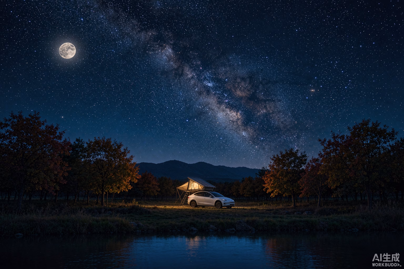 White Tesla Model Y camped under a starry autumn sky with the bright Harvest Moon and Milky Way, used as a mobile observatory for the September equinox stargazing season