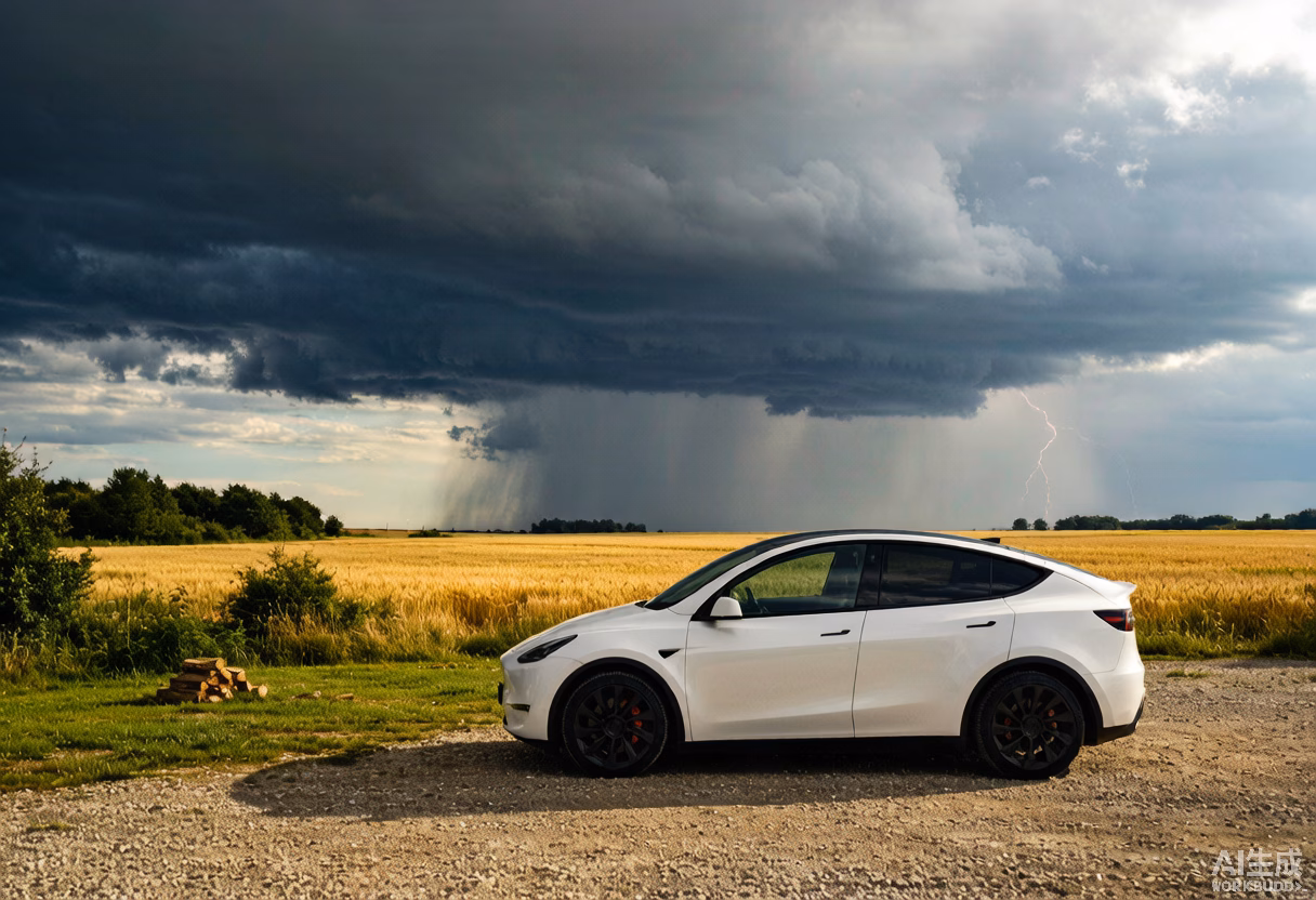 Tesla Model Y parked safely at a campsite as a dramatic summer thunderstorm approaches across a European field