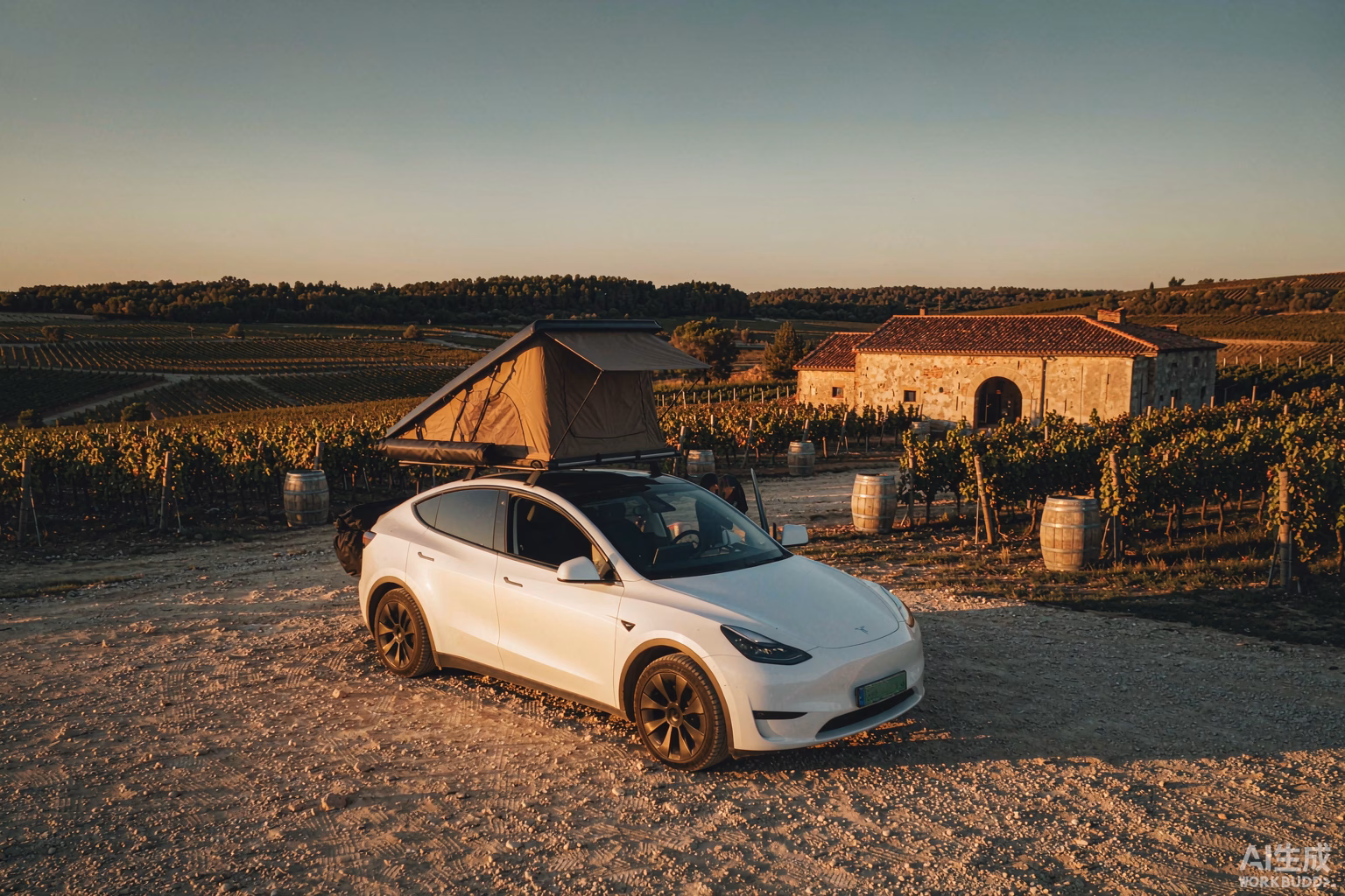 White Tesla Model Y with a rooftop tent parked beside rolling vineyards at golden hour during the European grape harvest, a perfect base for a wine-region camping road trip