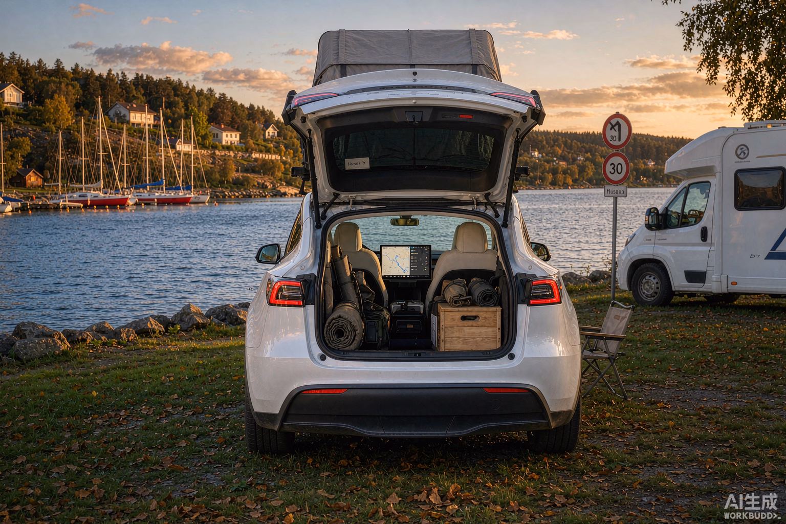 White Tesla Model Y parked at a European lakeside campsite at golden hour with a rooftop tent and glowing navigation touchscreen, illustrating Tesla 2026.32 smarter road-trip software for campers