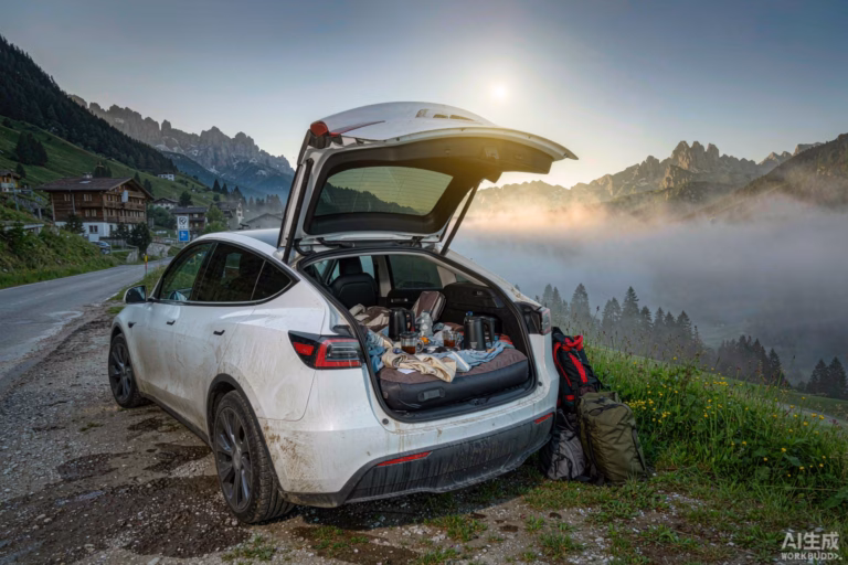 White Tesla Model Y at a European Alps mountain pass rest area at sunrise with the tailgate open and a cozy inflatable air mattress on the folded-flat rear seats, the perfect Tesla Camp Mode overnight setup for a budget European road trip