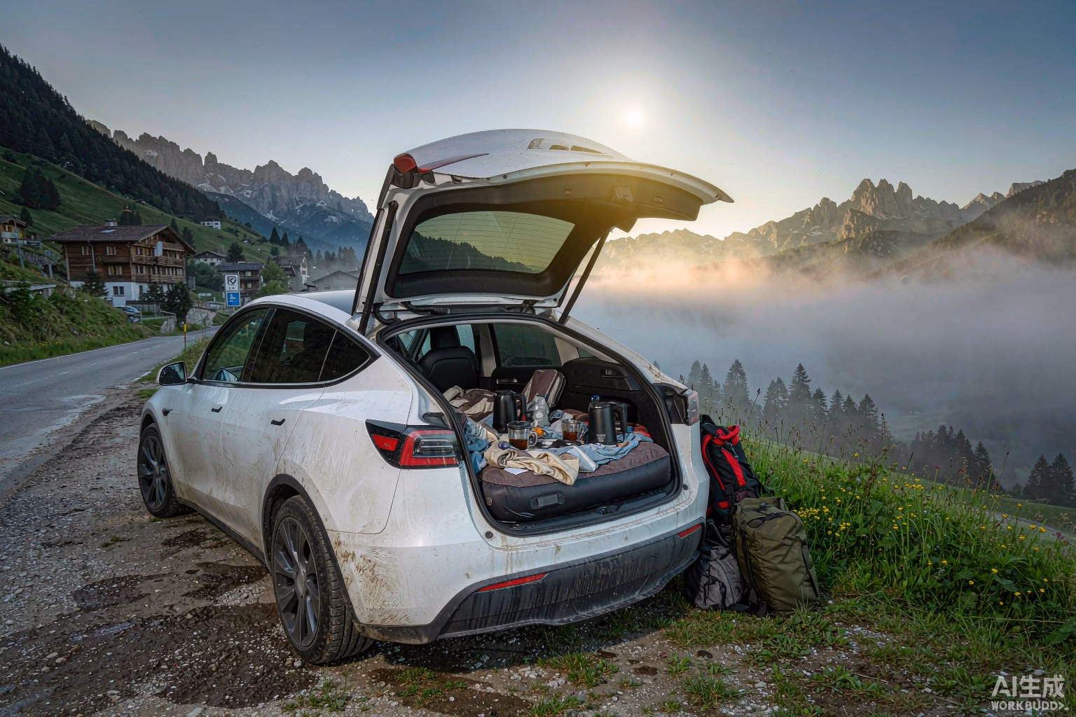 White Tesla Model Y at a European Alps mountain pass rest area at sunrise with the tailgate open and a cozy inflatable air mattress on the folded-flat rear seats, a perfect Tesla Camp Mode overnight setup for a budget European road trip