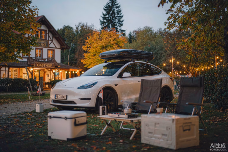 White Tesla Model Y at a cozy European campsite in early autumn with a rooftop tent, warm string lights, a portable fridge and an induction cooktop, illustrating the cheaper off-season Tesla camping season