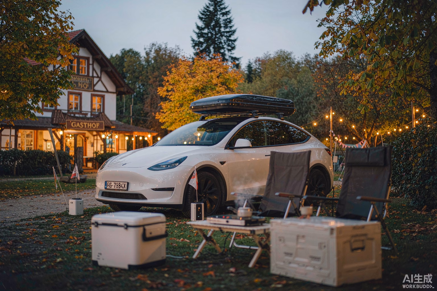 White Tesla Model Y at a cozy European campsite in early autumn with a rooftop tent, warm string lights, a portable fridge and an induction cooktop, illustrating the cheaper off-season Tesla camping season