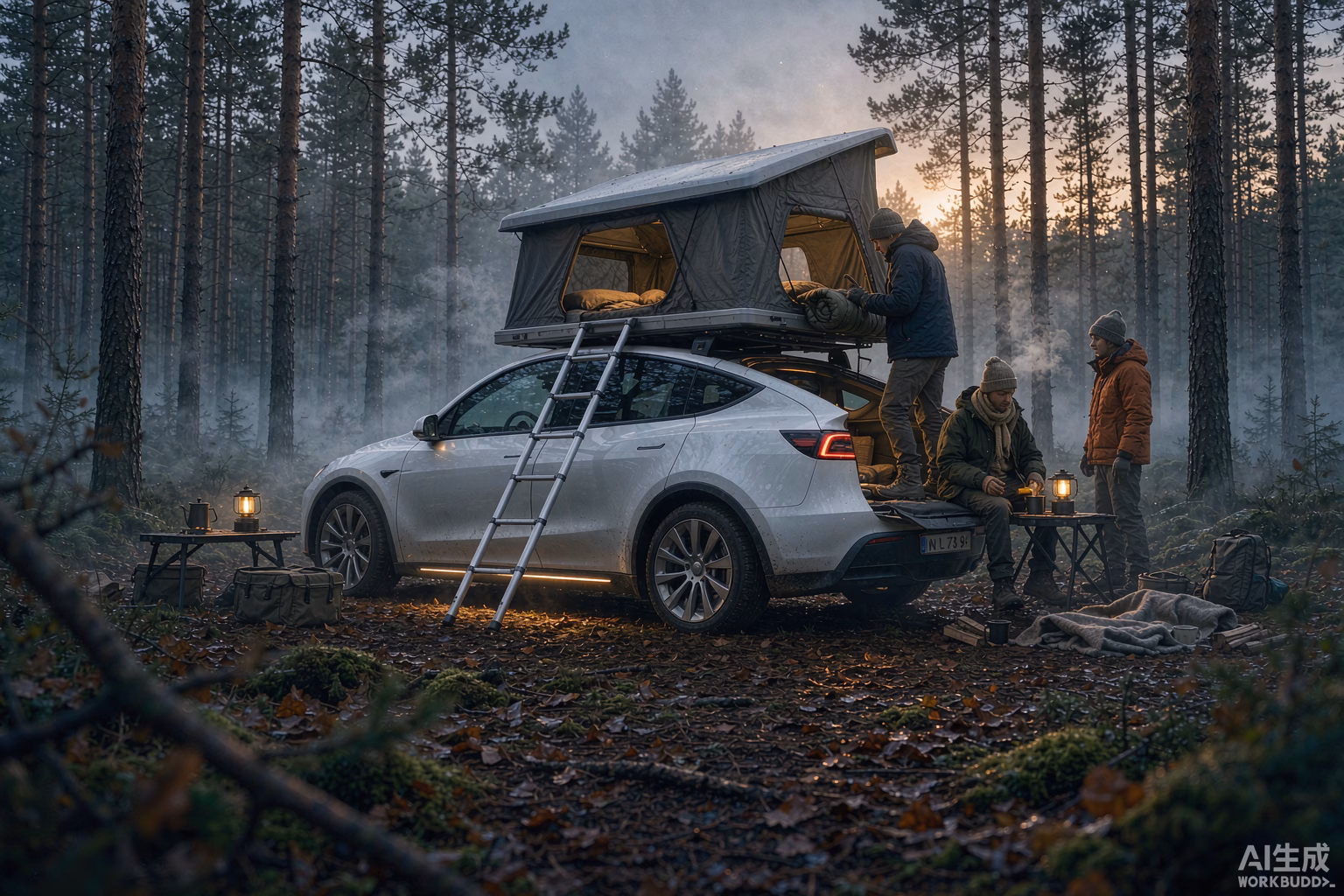 White Tesla Model Y camping in a misty cold Nordic autumn morning with a warm Camp Mode glow from the cabin