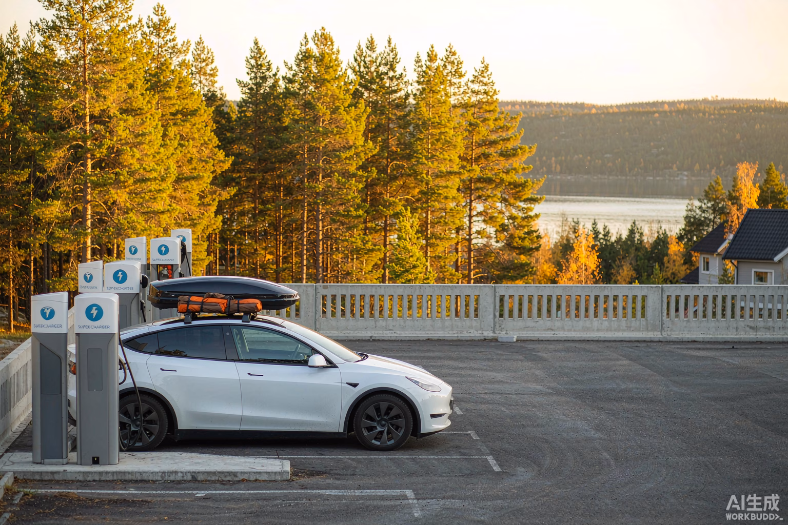 Clean white Tesla Model Y with roof box and camping gear charging at a Northern European Supercharger in autumn, reflecting Tesla record European sales week and 100000 Teslas in Denmark
