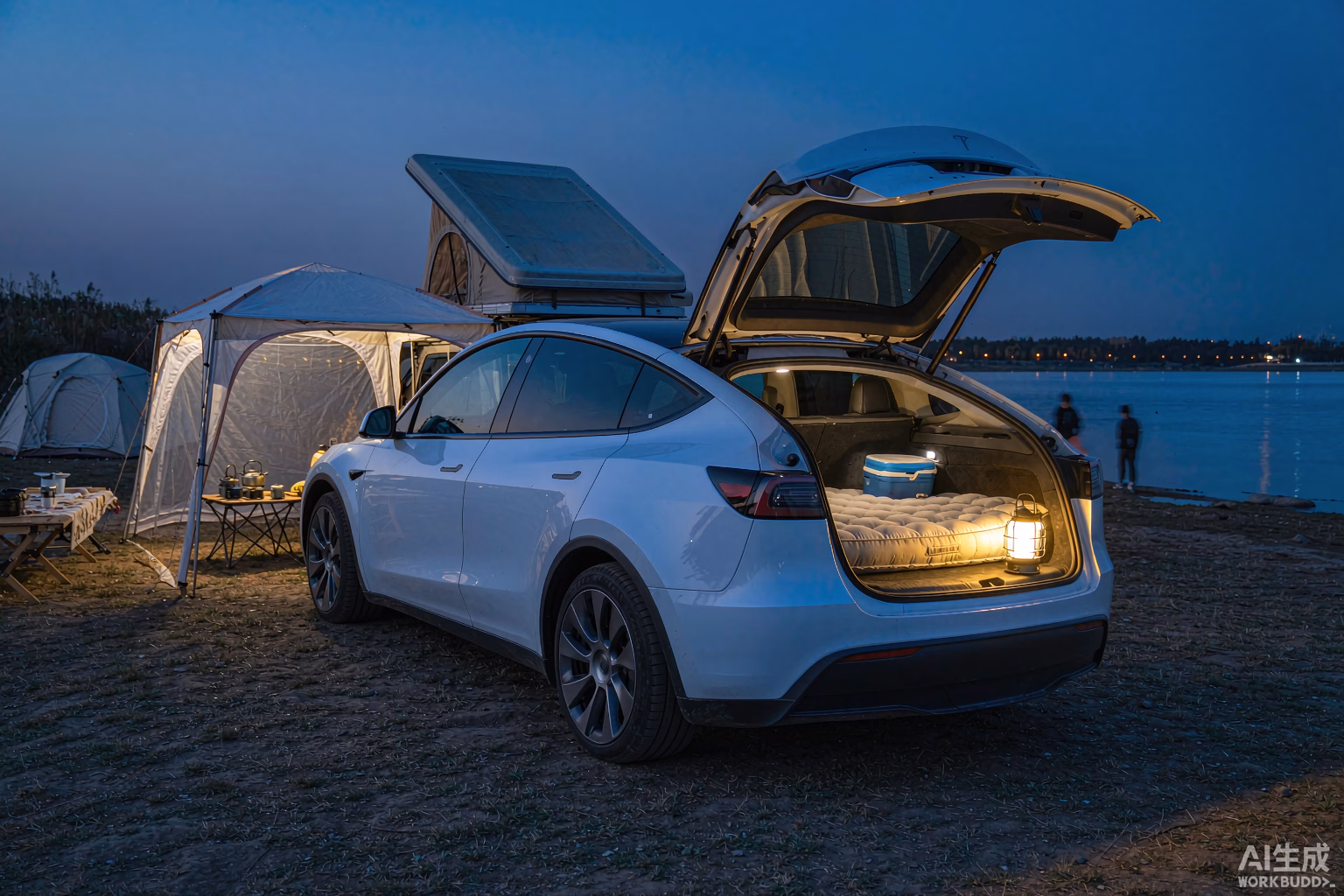 White Tesla Model Y at a lakeside campsite at blue-hour dusk, rear liftgate open showing a folded air mattress and a cooler in the boot and a glowing lantern on the tailgate, representing Teslas new official camping gear lineup in Europe in 2026