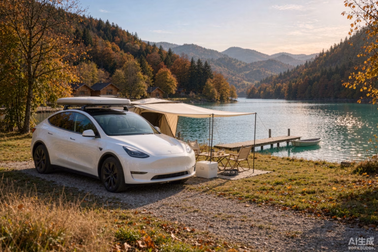 White Tesla Model Y with a rooftop tent parked at a sunny European lakeside campsite in autumn with an awning, portable fridge and camp chairs, warm late-season camping season