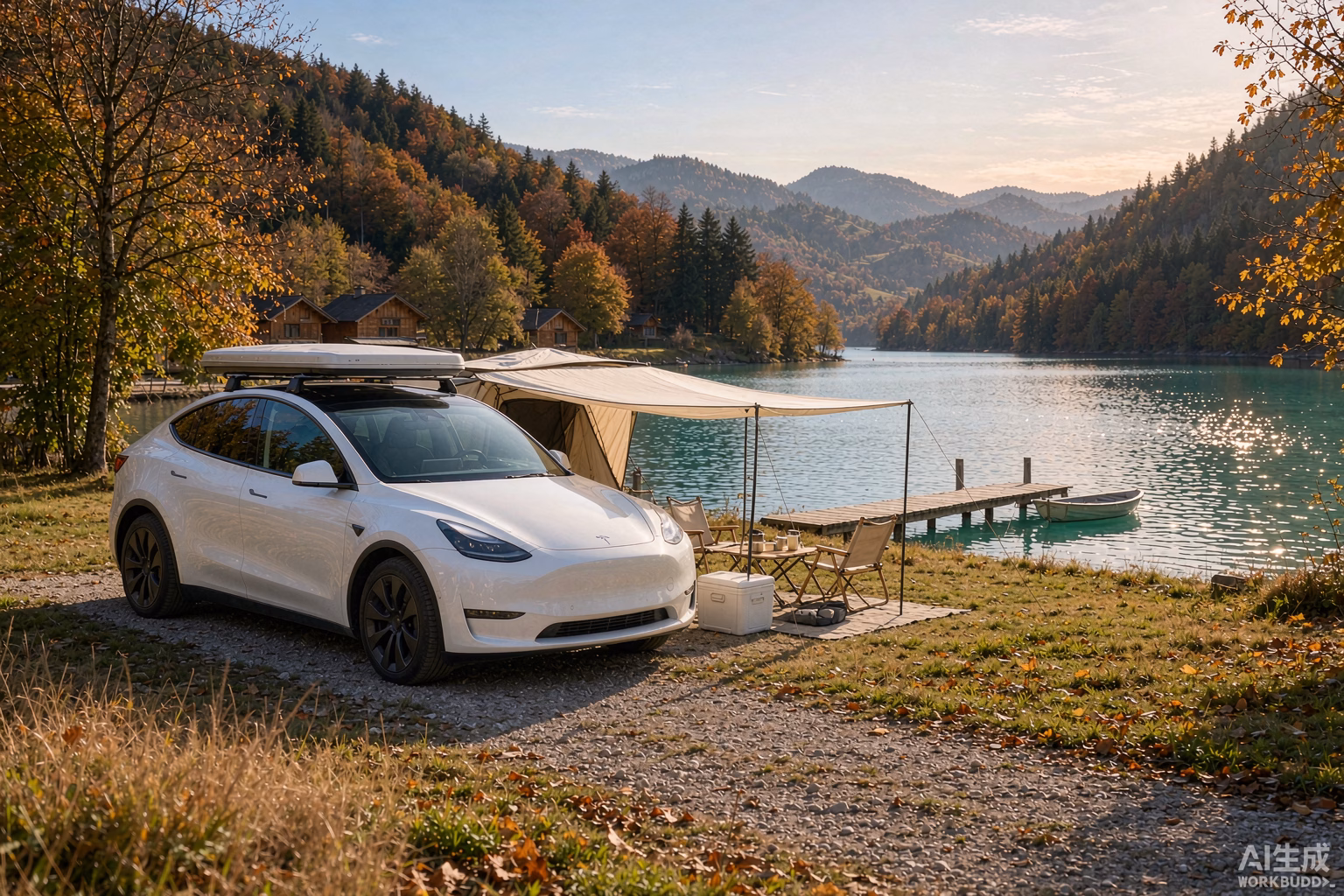 White Tesla Model Y with a rooftop tent parked at a sunny European lakeside campsite in autumn with an awning, portable fridge and camp chairs, warm late-season camping season