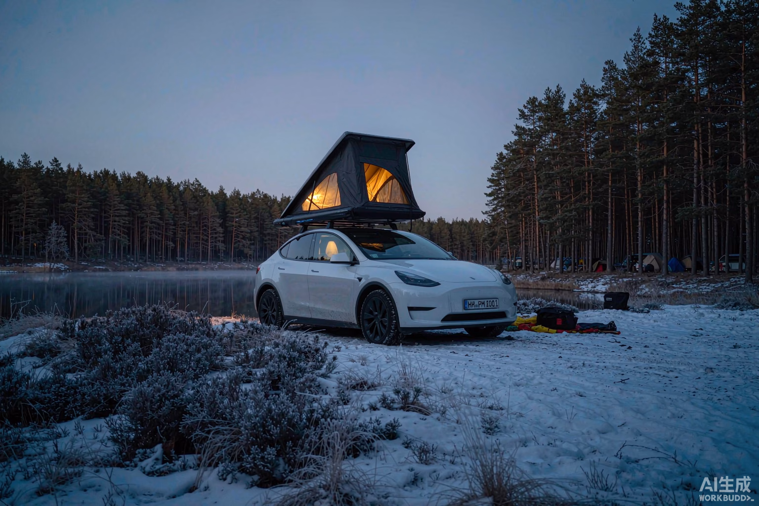 White Tesla Model Y with a rooftop tent at a snowy alpine lakeside campsite, warm cabin light showing efficient cold-weather electric camping