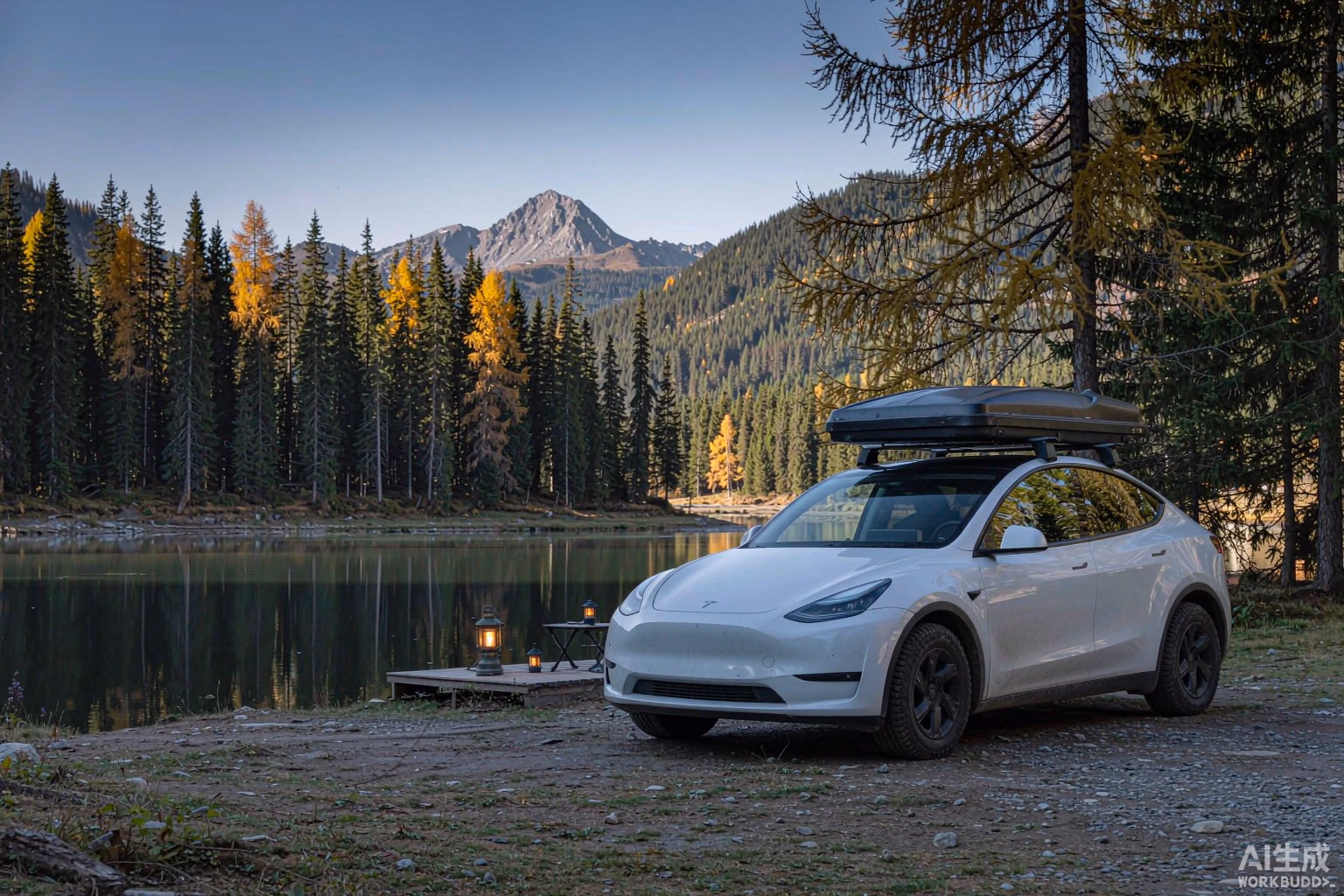 White Tesla Model Y with a rooftop tent parked at a serene Scandinavian lakeside campsite in early autumn, golden larch and pine forest, crisp blue sky, symbolising Europes Coolcation trend and Teslas suitability for cooler northern camping escapes in 2026