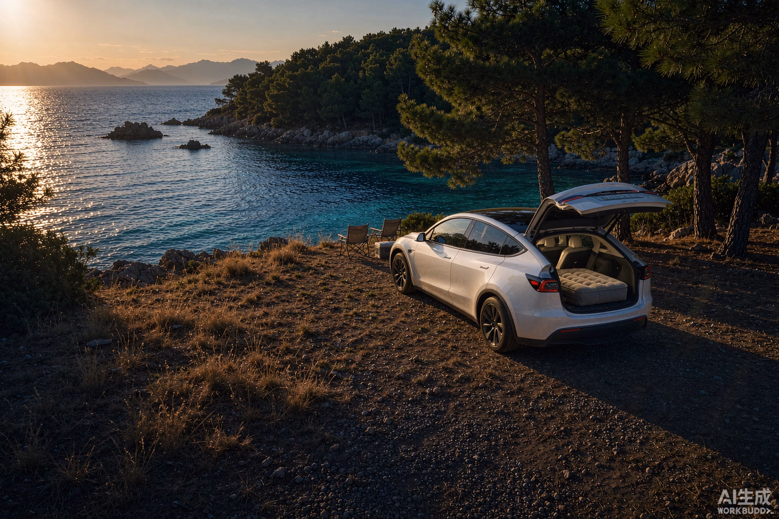 White Tesla Model Y at a scenic campsite on the Istrian Adriatic coast in Croatia, turquoise sea and pine trees behind
