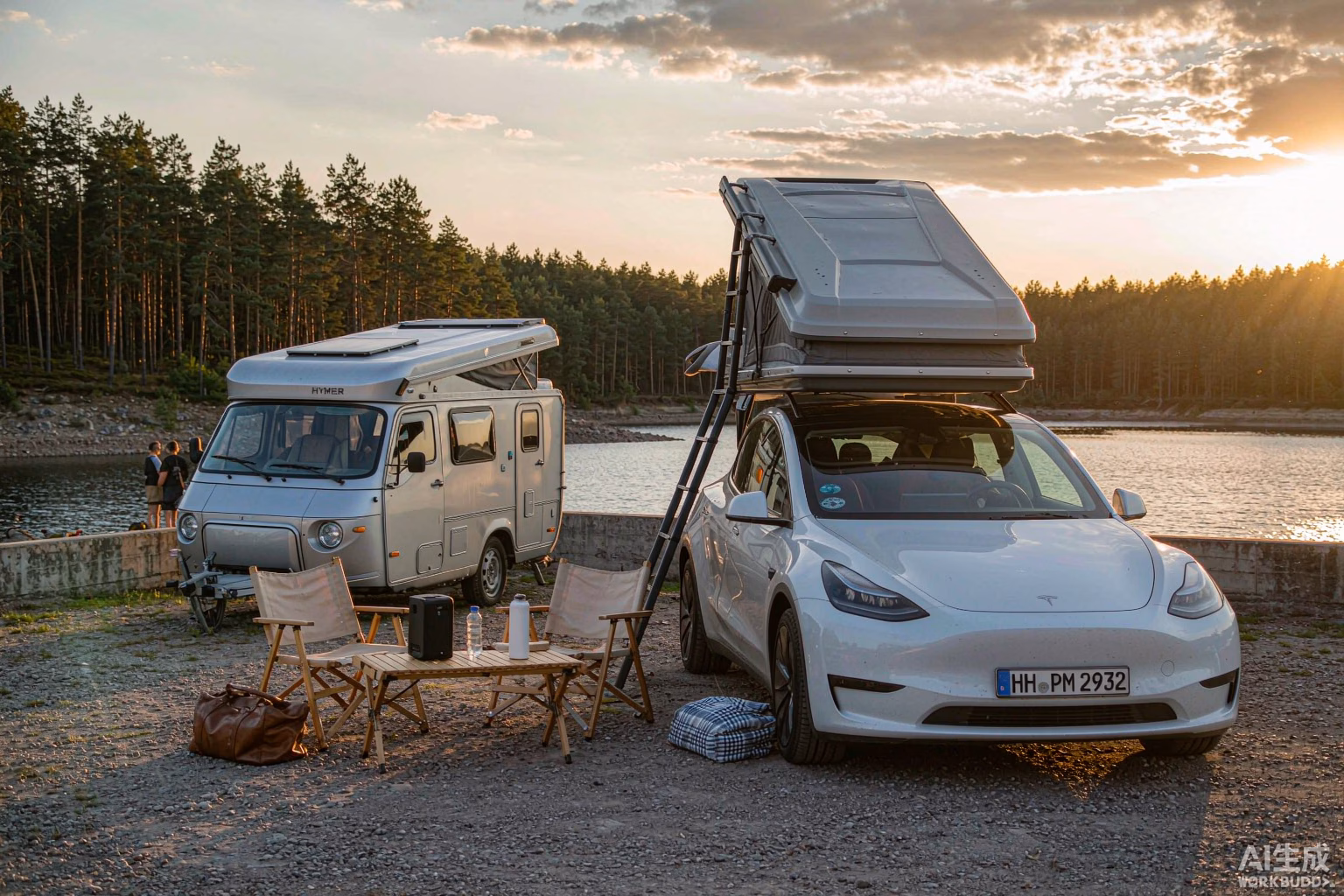 White Tesla Model Y at a European lakeside campsite at golden hour beside a lightweight electric camper van, with a rooftop tent and camping gear, the electric camping trend from Caravan Salon Dusseldorf 2026