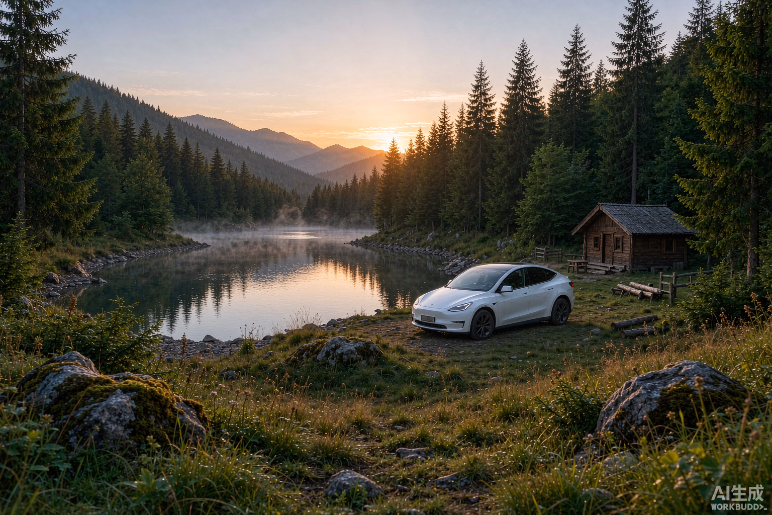 White Tesla Model Y at a peaceful off-the-beaten-path lakeside spot in the Carpathian mountains, one of Europe’s emerging camping destinations