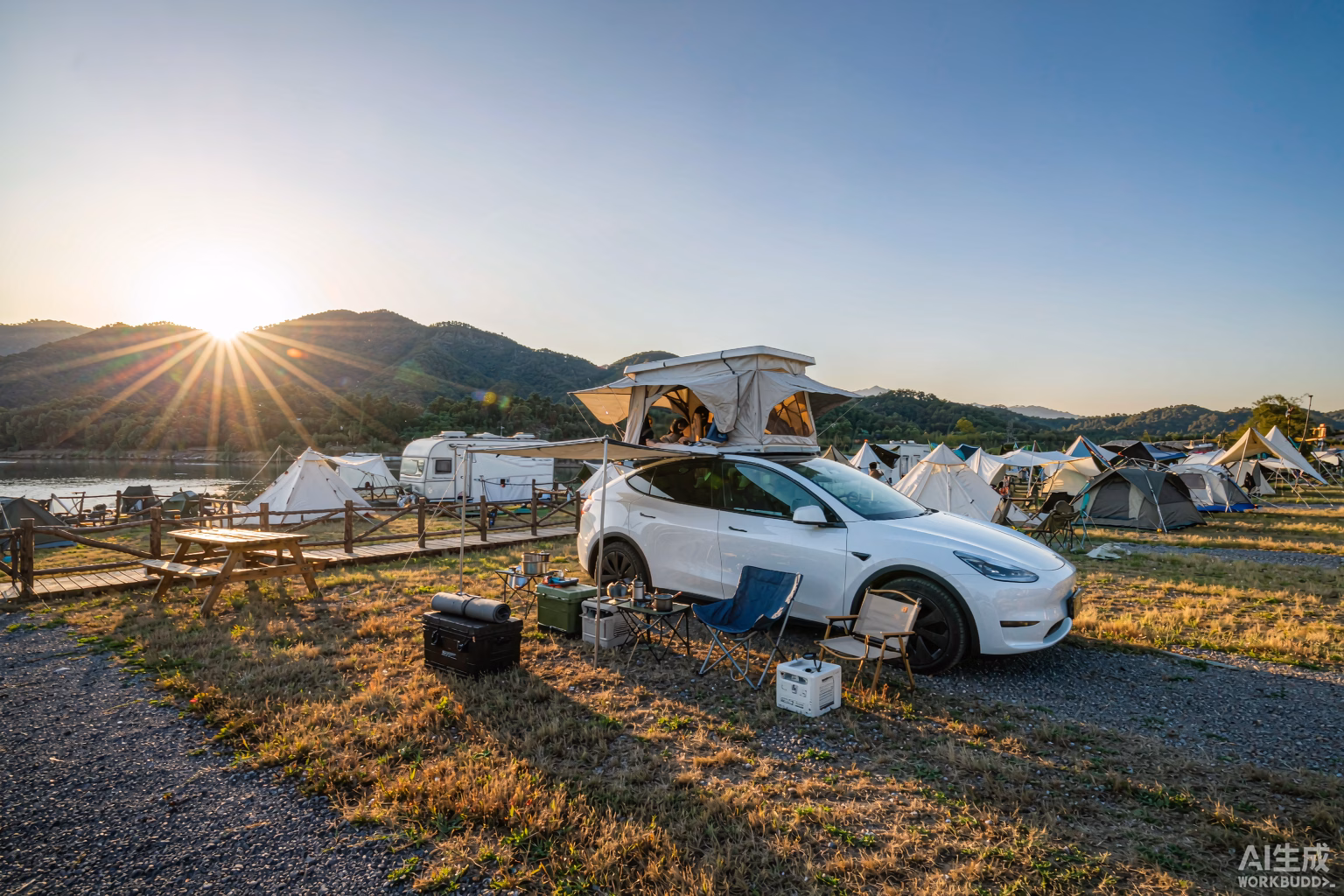White Tesla Model Y with rooftop tent awning and off-grid camp gear at a lively European lakeside campsite in early autumn, reflecting record European camping nights
