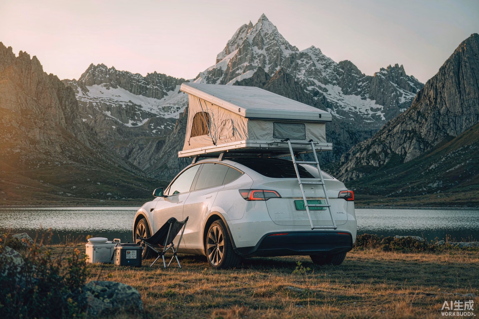 White Tesla Model Y with a rooftop tent at a scenic European alpine lake at golden hour, representing Tesla going all-in on Europe with a growing Supercharger network and camping ecosystem