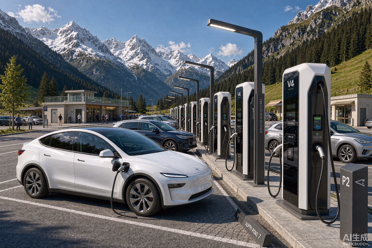 White Tesla Model Y charging at a new Tesla V4 Supercharger station at a European alpine rest area on a sunny day, sleek cabinets, other electric cars charging too, mountains behind
