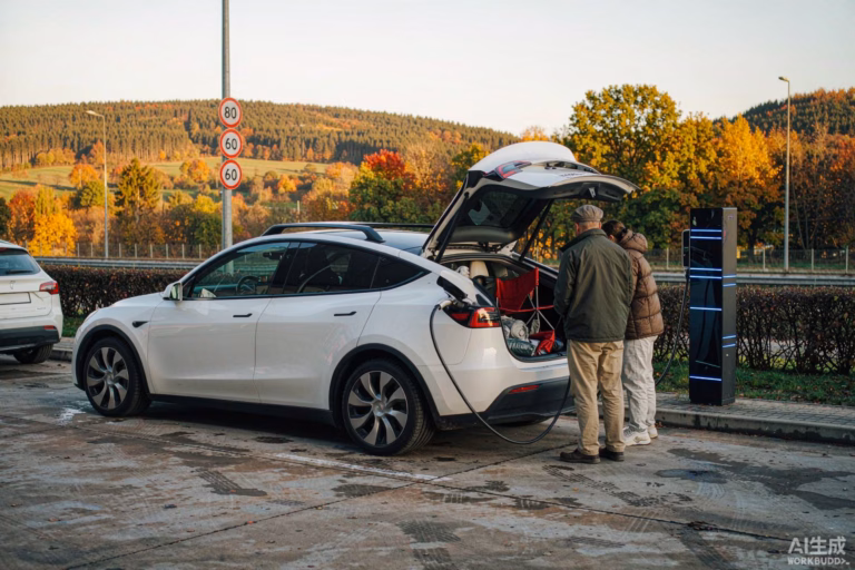 Clean white Tesla Model Y charging at a European Supercharger in autumn with camping gear in the open boot, illustrating 2,000 km of free Supercharging for European owners