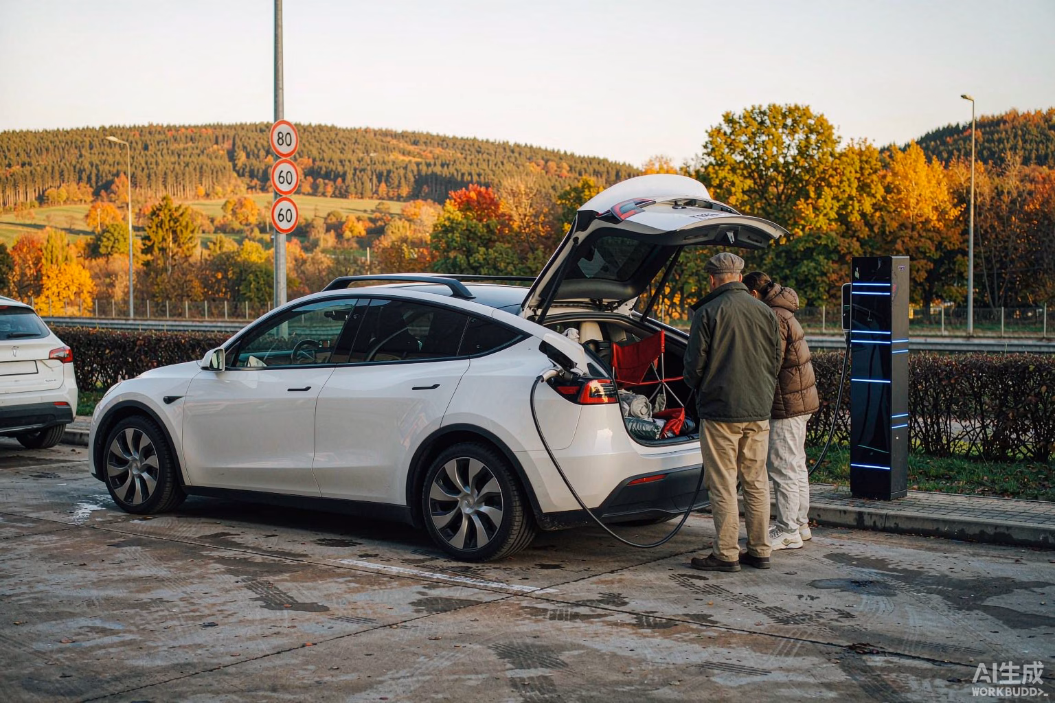 Clean white Tesla Model Y charging at a European Supercharger in autumn with camping gear in the open boot, illustrating 2,000 km of free Supercharging for European owners