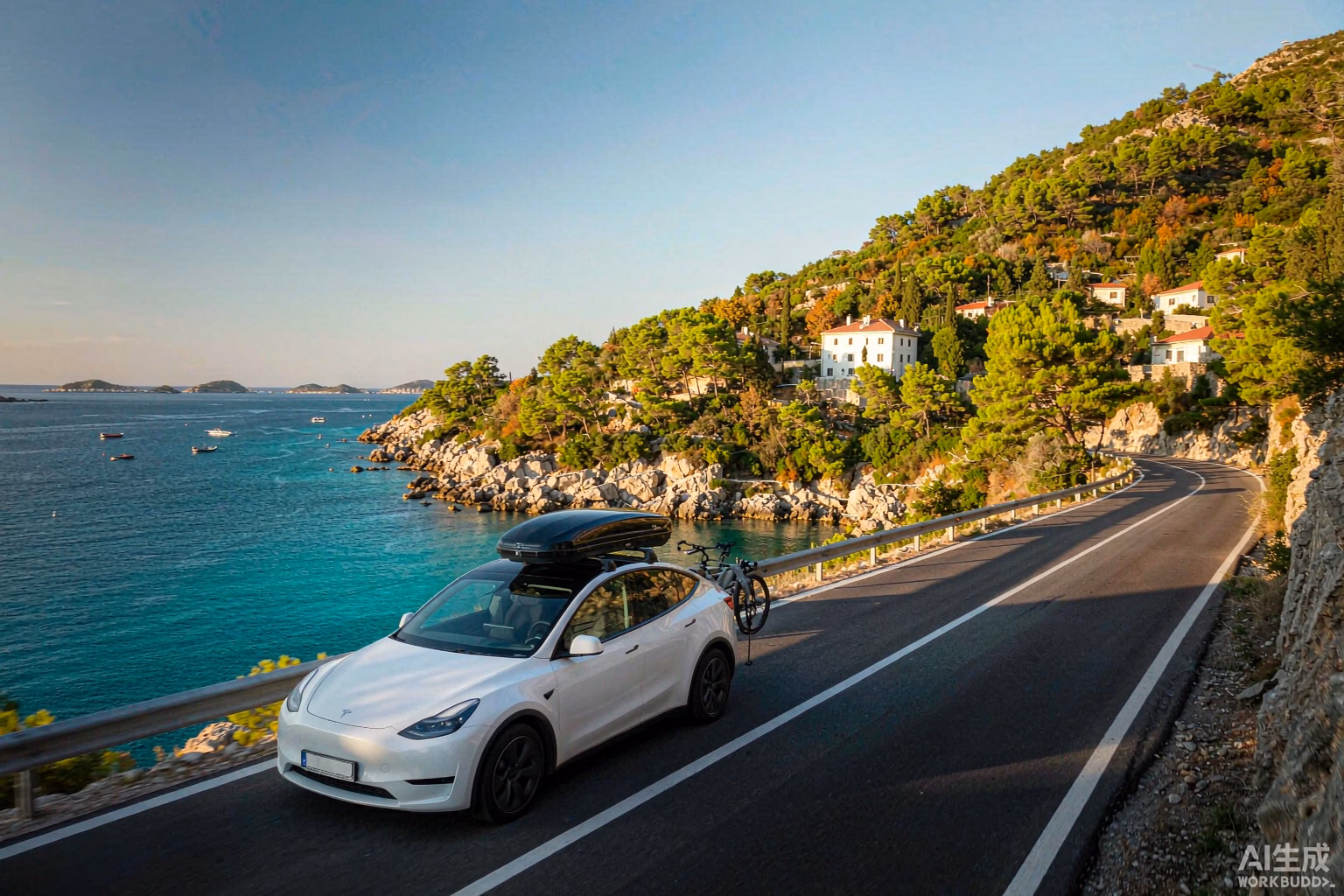 Clean white Tesla Model Y driving along a winding Adriatic coastal highway in Croatia in early autumn with camping gear, reflecting FSD Supervised approval in Croatia