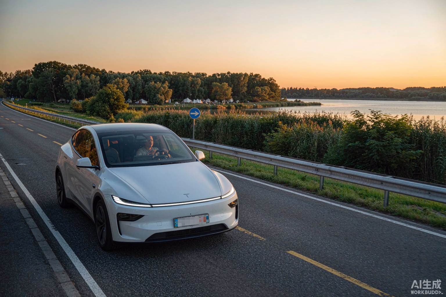 White Tesla Model Y gliding along a scenic European motorway at golden hour with a relaxed driver, a lakeside forest campsite visible ahead, symbolising Tesla Full Self-Driving Supervised taking the wheel on the drive to your campsite in Europe 2026