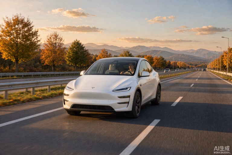 White Tesla Model Y cruising smoothly on a wide European motorway in early autumn with a calm relaxed driver, golden trees and distant mountains, illustrating the upcoming EU-wide self-driving vote