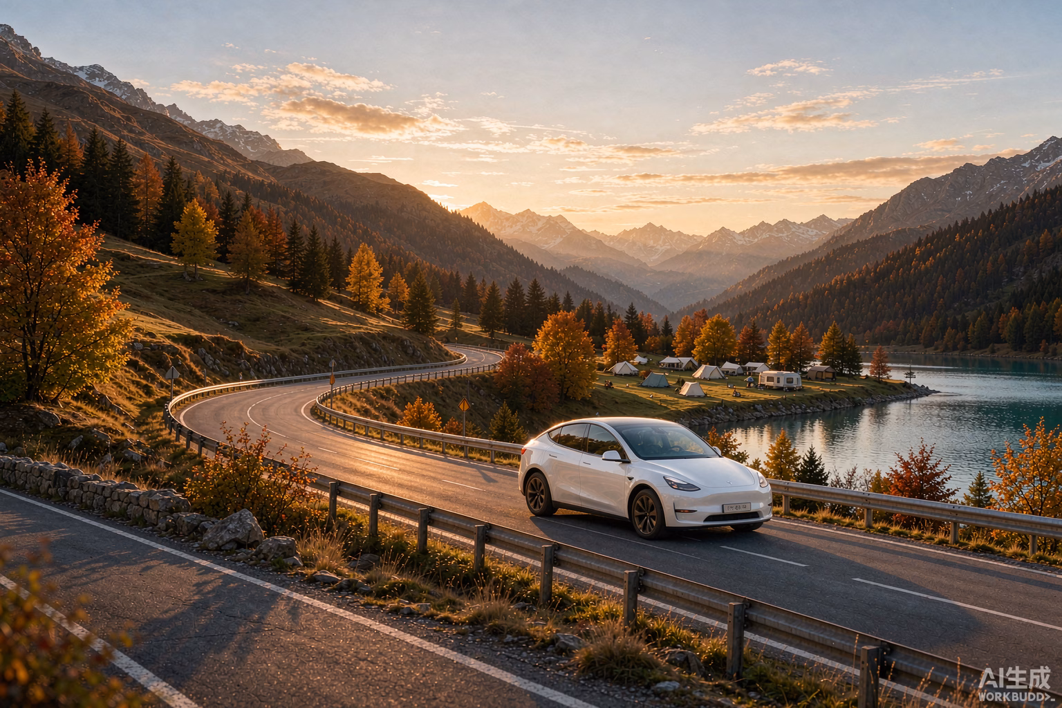 White Tesla Model Y driving along a scenic autumn mountain road in Europe toward a lakeside campsite at golden hour, relaxed effortless road trip