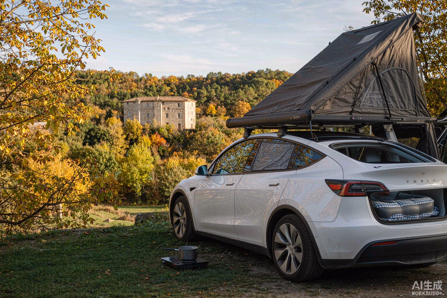 White Tesla Model Y at a quiet European campsite in early autumn, mild sunny weather, rooftop tent and inflatable air mattress set up, the golden first week of September