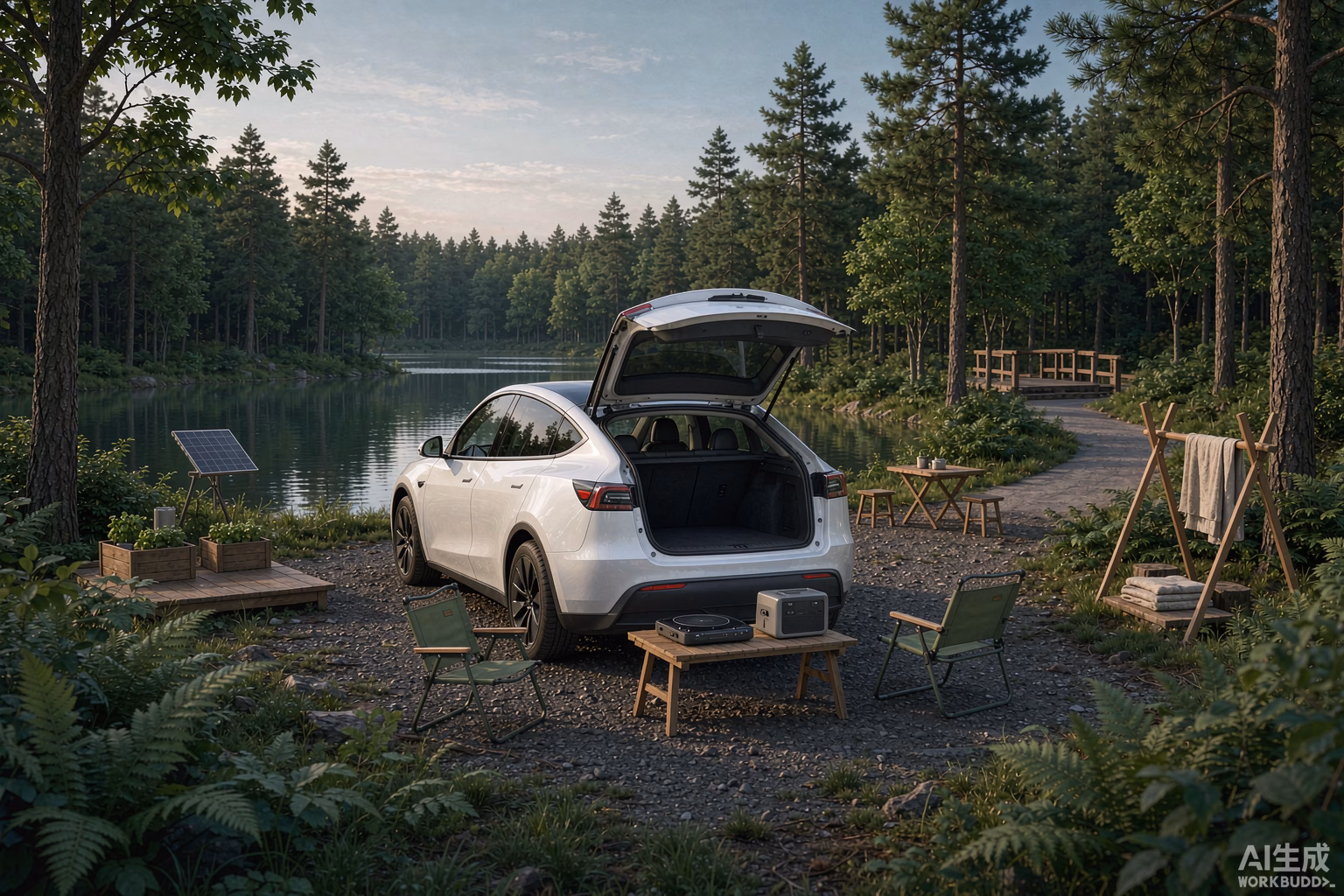 White Tesla Model Y at an eco lakeside campsite with the tailgate open showing a portable induction cooktop and a power station, representing gas-free green camping and why a Tesla is the cleanest safe base camp in 2026